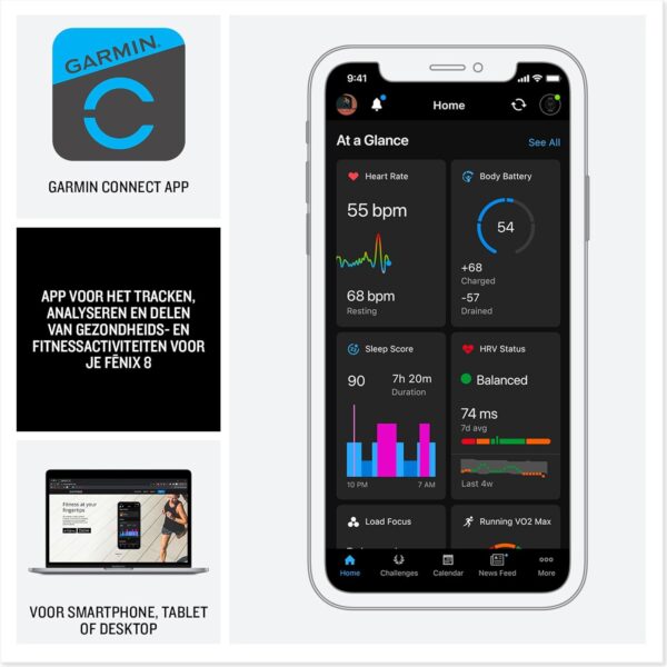 Garmin fēnix 8-51mm - AMOLED Multisport Smartwatch - 100+ sport-apps - LED Zaklamp - Microfoon en speaker - 10ATM Waterdicht - tot 29 dagen batterij - Donkergrijs/zwart