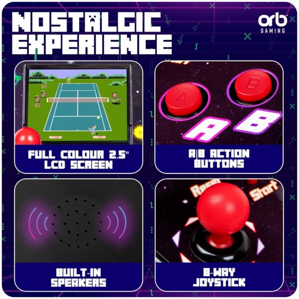 Mini-arcademachine, 240 ingebouwde games, 8-bit retro-arcadegames, 2,5-inch kleurenscherm, 8-weg joystick, 2 knoppen, volumeregeling, perfect cadeau - ThumbsUp!