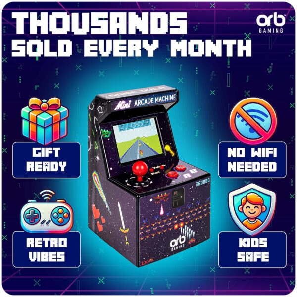 Mini-arcademachine, 240 ingebouwde games, 8-bit retro-arcadegames, 2,5-inch kleurenscherm, 8-weg joystick, 2 knoppen, volumeregeling, perfect cadeau - ThumbsUp!
